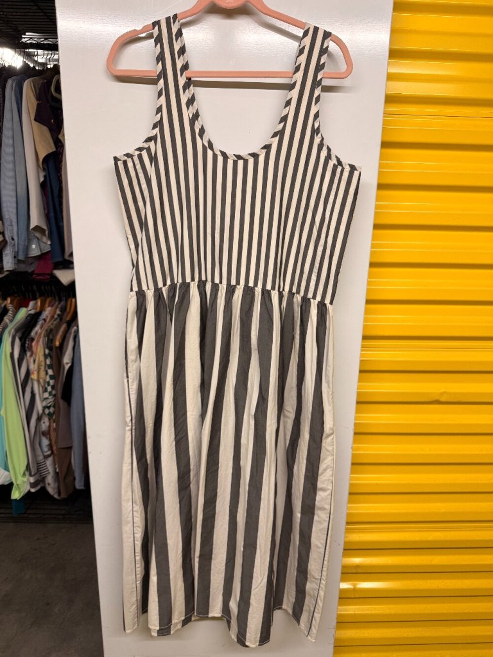 Everlane The Poplin Summer Dress Striped Midi Bone White Black Size Medium